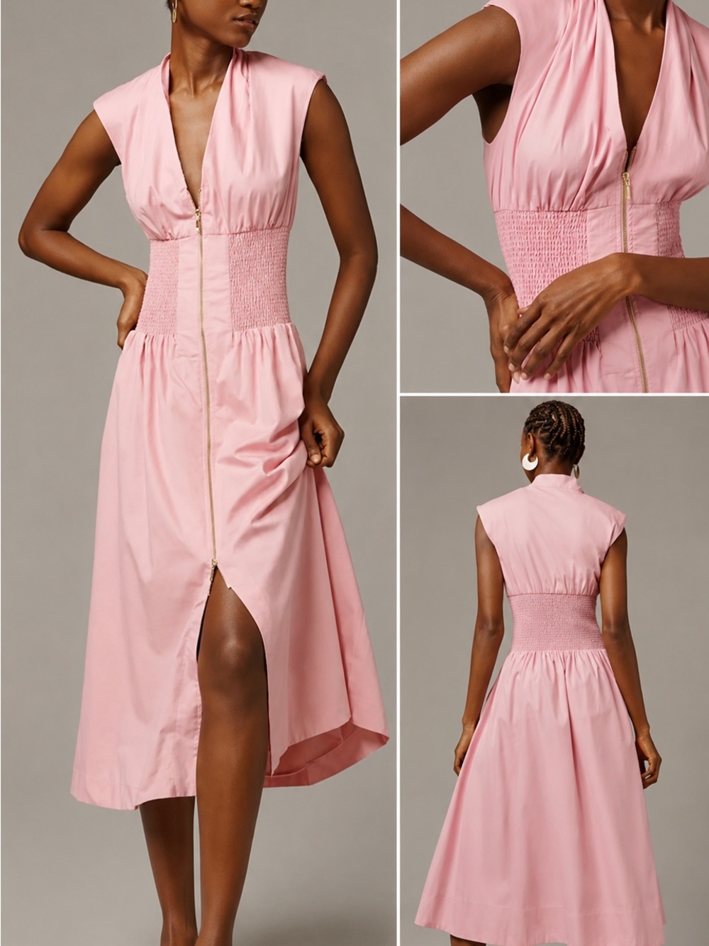Anthropologie Pink Zip-Front Shirred-Waist Midi Dress